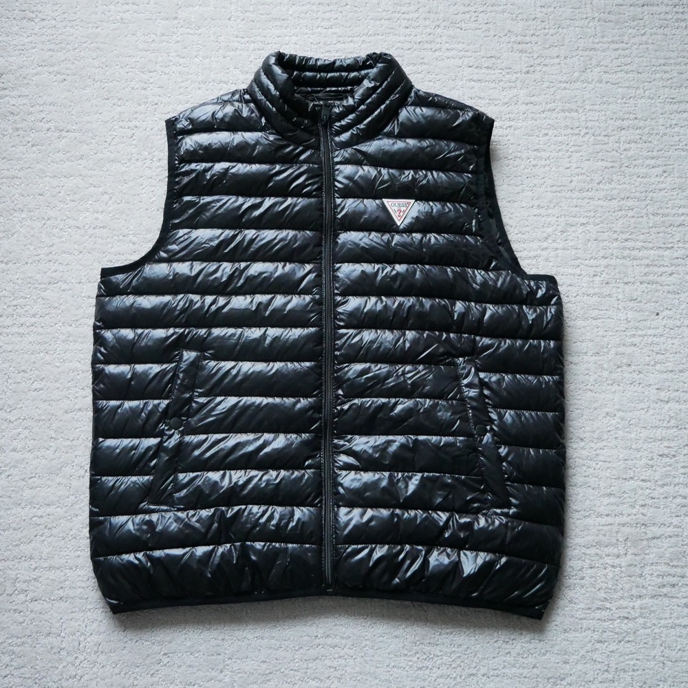 Guess Mens Puffer Vest Black Quilted Full Zip Logo Jacket XL